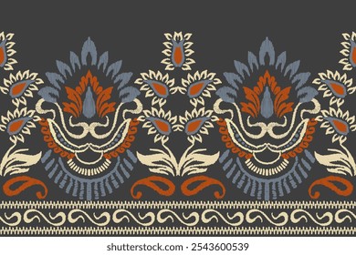 Embroidered Ikat flower pattern on a black background. Traditional ethnic ikat, Aztec abstract vector pattern, seamless pattern in tribal, folk embroidery and Mexican style.