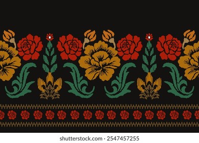 Embroidered Ikat flower pattern on a black background. Traditional ethnic ikat, Aztec abstract vector pattern, seamless pattern in tribal, folk embroidery and Mexican style.