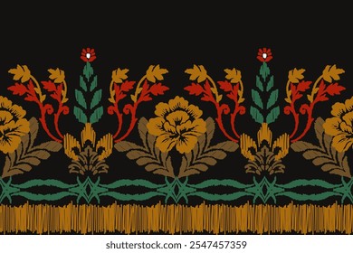 Gesticktes Ikat-Blumenmuster auf schwarzem Hintergrund. Traditionelle ethnische Kätzchen, aztekische abstrakte Vektormuster, nahtlose Muster in Stamm, Volksstickerei und mexikanischen Stil.