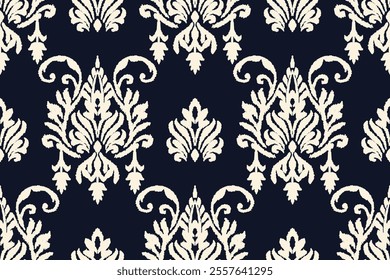 Embroidered Ikat flower pattern on a black background. Traditional ethnic ikat, Aztec abstract vector pattern, seamless pattern in tribal, folk embroidery and Mexican style