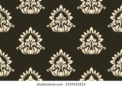 Embroidered Ikat flower pattern on a black background. Traditional ethnic ikat, Aztec abstract vector pattern, seamless pattern in tribal, folk embroidery and Mexican style