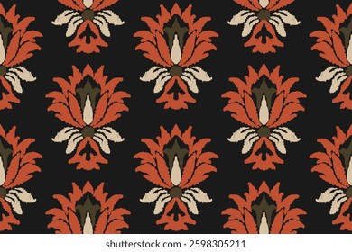 Embroidered Ikat flower pattern on a black background. Traditional ethnic ikat, Aztec abstract vector pattern, seamless pattern in tribal, folk embroidery and Mexican style.
