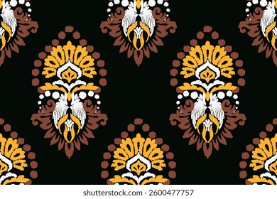 Embroidered Ikat flower pattern on a black background. Traditional ethnic ikat, Aztec abstract vector pattern, seamless pattern in tribal, folk embroidery and Mexican style.