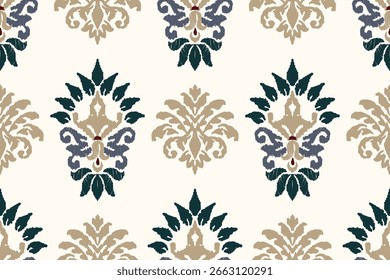 Patrón de flores de Ikat bordado sobre fondo blanco. Ikat étnico tradicional, patrón de Vector abstracto azteca, patrón sin fisuras en tribal, bordado popular y estilo mexicano.