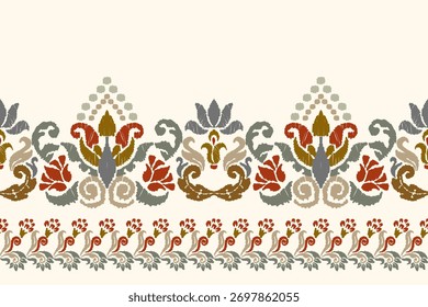 Padrão de flor Ikat bordado no fundo branco. O ikat étnico tradicional, padrão vetorial abstrato asteca, padrão sem emenda em estilo tribal, bordado popular e mexicano.