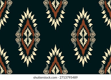 Embroidered Ikat flower pattern on a black background. Traditional ethnic ikat, Aztec abstract vector pattern, seamless pattern in tribal, folk embroidery and Mexican style.