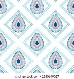 Patrón de repetición vectorial de Chikankari indio bordado.  Patrón geométrico de lágrima paisley sobre un fondo blanco. hecho a mano 