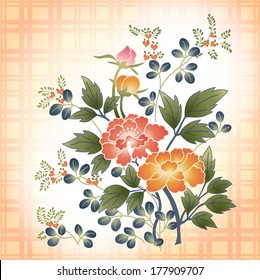 Embroidered Japanese Style Floral Bouquet On Plaid Fabric Background