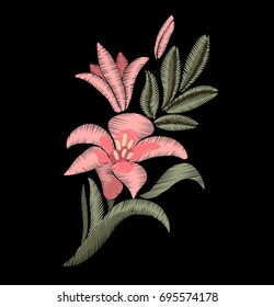 Embroidered lilies. Fashion design. Vector flowers. Floral print.