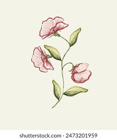 embroidered line vector bunch of flowers in red, pink and green colors on a beige background