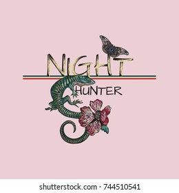 Embroidered lizard, butterfly and red roses with slogan. Embroidery vector patch for fashion apparels, t shirt, stickers and printed tee design