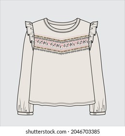 EMBROIDERED LONG SLEEVES KNIT TOP FOR TEEN GIRLS AND KID GIRLS IN EDITABLE VECTOR FILE