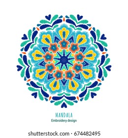 Embroidered mandala design. Needlework floral round composition. EPS 10 vector embroidery template.