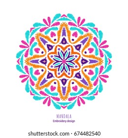 Embroidered mandala design. Needlework floral round composition. EPS 10 vector embroidery template.