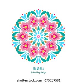 Embroidered mandala design. Needlework floral round composition. EPS 10 vector embroidery template.