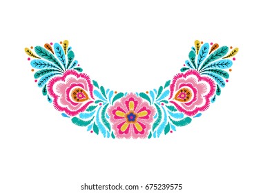 Embroidered neckline design. Needlework floral composition. Flower motives. EPS 10 vector embroidery fashion template.