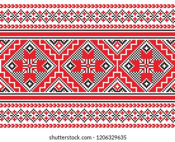 Embroidered old handmade cross-stitch ethnic Ukrainian pattern. Towel with red and black ornament, called rushnyk in vector