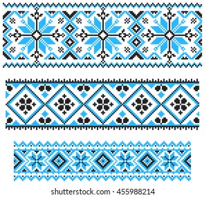 Embroidered old handmade cross-stitch ethnic Ukrainian pattern. Seamless winter ornament