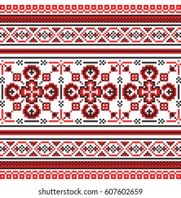 Embroidered old handmade cross-stitch ethnic Ukrainian pattern. Towel with red and black colors ornament, called rushnyk in vector