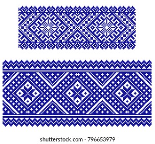 Embroidered old handmade cross-stitch ethnic pattern. Seamless winter ornament in nordic style