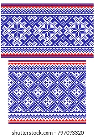 Embroidered old handmade cross-stitch ethnic pattern. Seamless winter ornament in nordic style