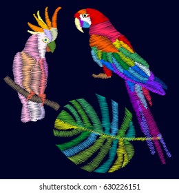 Embroidered parrots. Set of vector elements for fashion and textile design. Retro motifs.