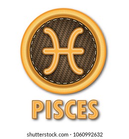 Embroidered patch work of Pisces zodiac sign symbol icon for vector graphic design concept idea