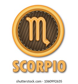 Embroidered patch work of Scorpio zodiac sign symbol icon for vector graphic design concept idea