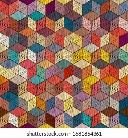 Embroidered patchwork seamless pattern. Bohemian print for textiles. Geometric ornament of colored hexagons on a black background. Vector illustration.