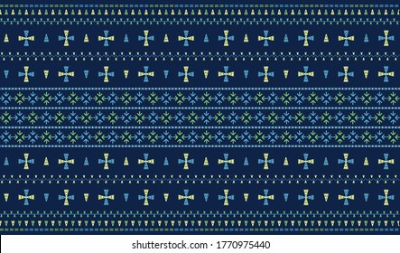 Embroidered pattern Vector illustration. Blue and light green stitch on indego blue background. Abstract stitch pattern in Thai hill tribe style. Idea for printing on fabric or wallpaper.