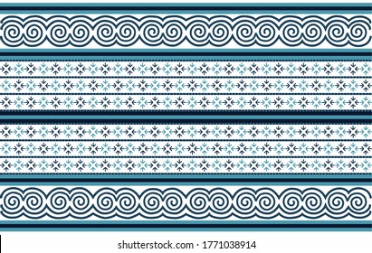 Embroidered pattern Vector illustration. Blue tone stitch on white background. Abstract stitch pattern in Thai hill tribe style. Idea for printing on fabric or wallpaper.