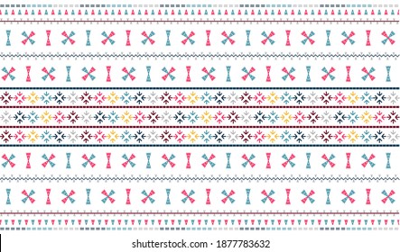 Embroidered pattern Vector illustration. Blue, burgundy and pink stitch on white background. Abstract stitch pattern in Thai hill tribe style. Idea for printing on fabric, cloth design or wallpaper.