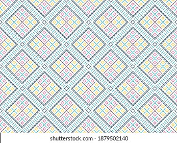 Embroidered pattern Vector illustration. Blue, burgundy and pink stitch on white background. Abstract stitch pattern in Thai hill tribe style. Idea for printing on fabric, cloth design or wallpaper.