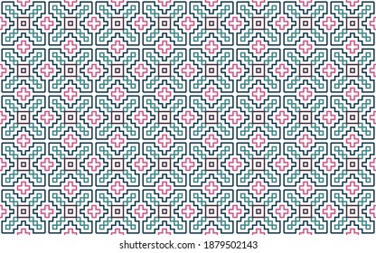 Embroidered pattern Vector illustration. Blue, burgundy and pink stitch on white background. Abstract stitch pattern in Thai hill tribe style. Idea for printing on fabric, cloth design or wallpaper.