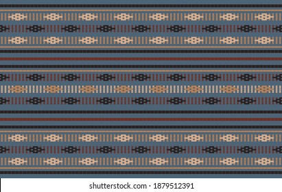 Embroidered pattern Vector illustration. Brown and dark red stitch on Aegean blue background. Abstract stitch pattern in Thai hill tribe style. Idea for printing on fabric, cloth design or wallpaper.