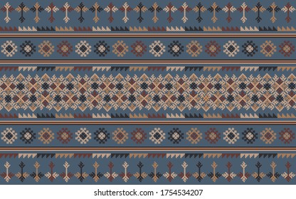 Embroidered pattern Vector illustration. Dark,red,yellow and orange stitch on grayish blue background. Abstract stitch pattern in Thai hill tribe style. Idea for printing on fabric or wallpaper.