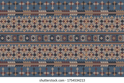 Embroidered pattern Vector illustration. Dark,red,yellow and orange stitch on grayish blue background. Abstract stitch pattern in Thai hill tribe style. Idea for printing on fabric or wallpaper.