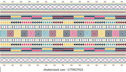 Embroidered pattern Vector illustration. Dark,red,yellow and orange stitch on grayish blue background. Abstract stitch pattern in Thai hill tribe style. Idea for printing on fabric or wallpaper.