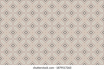 Embroidered pattern Vector illustration. Earth tone brown stitch on light brown background. Abstract stitch pattern in Thai hill tribe style. Idea for printing on fabric, cloth design or wallpaper.