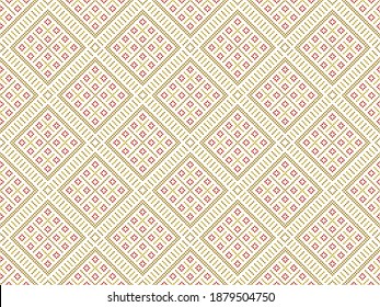 Embroidered pattern Vector illustration. Gold and red stitch on white background. Abstract stitch pattern in Thai hill tribe style. Idea for printing on fabric, cloth design or wallpaper.