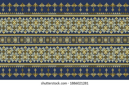 Embroidered pattern Vector illustration. Gold color stitch on indigo blue background. Abstract stitch pattern in Thai hill tribe style. Idea for printing on fabric, cloth design or wallpaper.