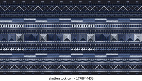 Embroidered pattern Vector illustration. Indigo and blue tone stitch on midnight blue background. Abstract stitch pattern in Thai hill tribe style. Idea for printing on fabric or wallpaper.
