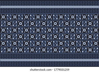 Embroidered pattern Vector illustration. Indigo and blue tone stitch on midnight blue background. Abstract stitch pattern in Thai hill tribe style. Idea for printing on fabric or wallpaper.