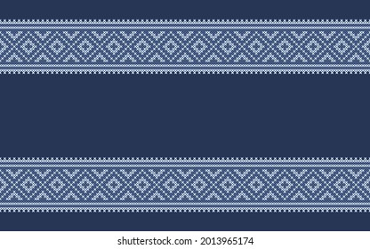 Embroidered pattern Vector illustration. Light blue stitch on indigo blue background. Abstract stitch pattern in Thai hill tribe style. Idea for printing on fabric, wallpaper or other decoration.