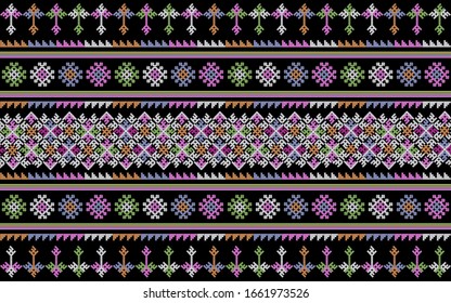 Dibujo vectorial de patrón bordado. Pega el bordado en color sobre fondo negro. Patrón abstracto de puntos cruzados en estilo de tribu tailandesa. Idea para imprimir en tela o papel pintado.