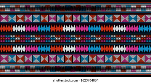 Embroidered pattern Vector illustration. Red, pink and blue color stitches on black background. Abstract colorful stitch pattern in Thai hill tribe style. Idea for printing on fabric or wallpaper.