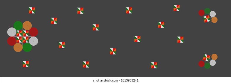 Embroidered pattern vector illustration. Red orange green and white color stitch on black background. Abstract colorful stitch pattern of Tai Dum tribe in Thailand, for printing on fabric, wallpaper.