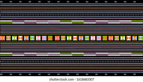 Embroidered pattern Vector illustration. Soft pastel color stitches on black background. Abstract colorful stitch pattern in Thai hill tribe style. Idea for printing on fabric or wallpaper.