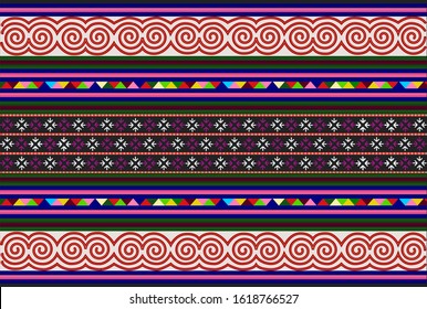 Embroidered pattern Vector illustration. Soft pastel color stitches on black background. Abstract colorful stitch pattern in Thai hill tribe style. Idea for printing on fabric or wallpaper.