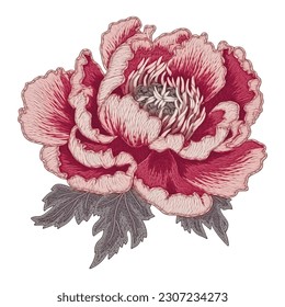 Embroidered peony flower, leaves. Embroidery floral colorful vector pattern background illustration. Tapestry beautiful stitch textured flowers. Stitching lines surface texture. Isolated design.